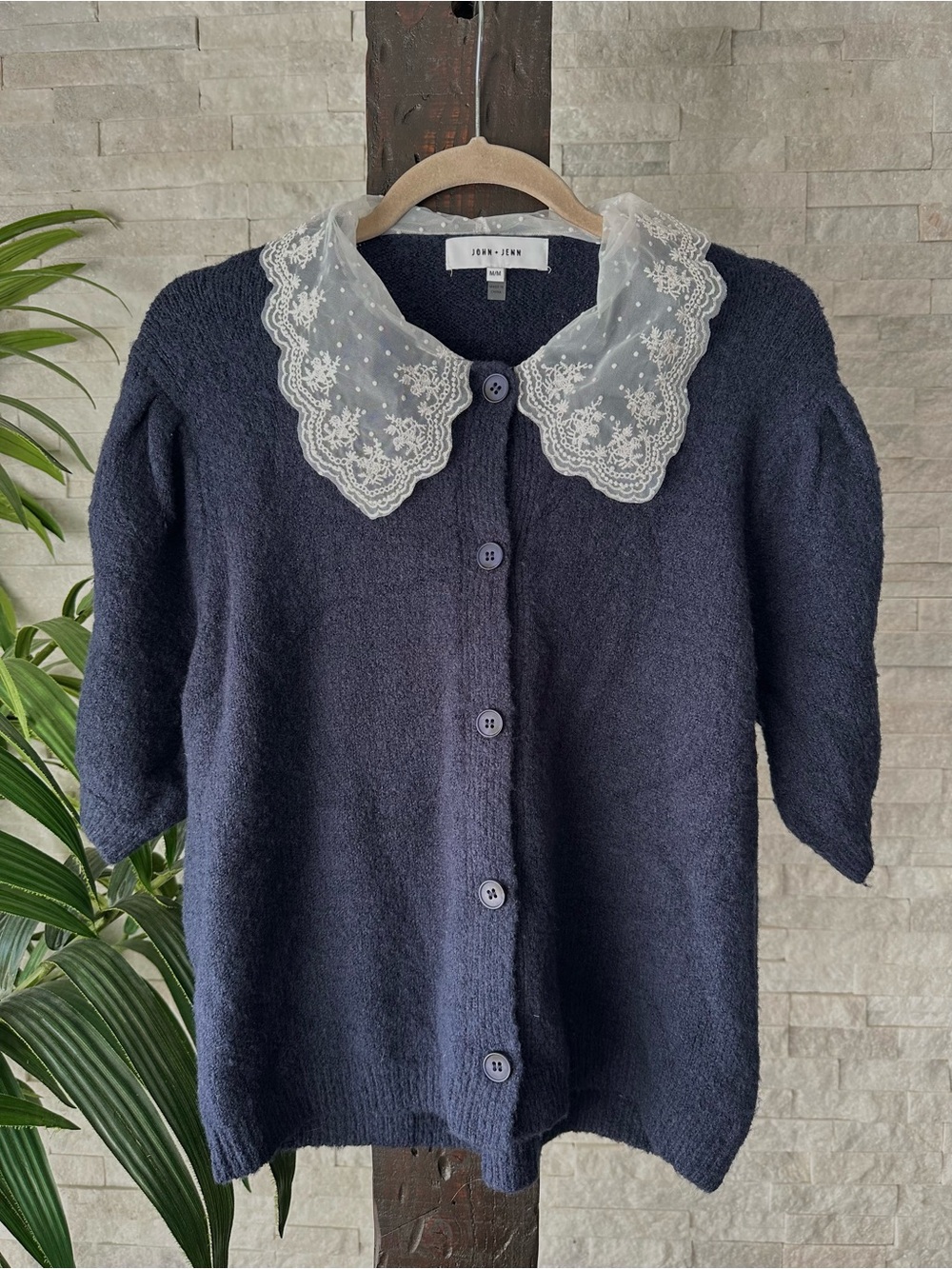 John + Jenn Navy Short-Sleeve “Mario” Cardigan with Lace Collar Size M